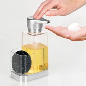 mDesign Modern Plastic Kitchen Sink Countertop Liquid Hand Soap Dispenser Pump Bottle Caddy with Storage Compartment - Holds and Stores Sponges, Scrubbers and Brushes - Clear/Chrome