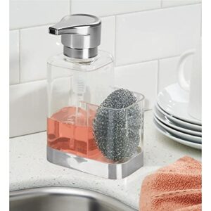 mDesign Modern Plastic Kitchen Sink Countertop Liquid Hand Soap Dispenser Pump Bottle Caddy with Storage Compartment - Holds and Stores Sponges, Scrubbers and Brushes - Clear/Chrome