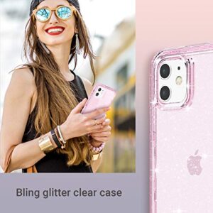 ULAK Compatible with iPhone 11 Case Clear Glitter, Hybrid 3 in 1 Shockproof Protective Phone Case Designed for Women Girls, Heavy Duty Bumper Cover for iPhone 11 6.1 inch, Pink Glitter