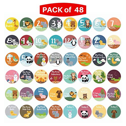 48 Pack 4" Baby Month Stickers and Milestone Stickers by Novarena - Track Your Baby's First Year Month-by-Month and Holidays Until 5 Years Old! Boys and Girls (48 Pack Stickers)