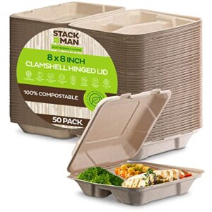 100% compostable clamshell take out food containers [8x8" 3-compartment 50-pack] heavy-duty quality to go containers, natural disposable bagasse, eco-friendly biodegradable made of sugar cane fibers