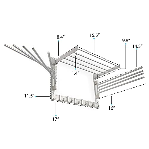 brightmaison BGT Wash Clothes Drying Rack Wall Mount Laundry Room Organizer with Hooks & Swing Arms, 17" Metal Laundry Rack Silver