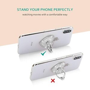 Cell Phone Finger Ring Stand with Sparkly Diamond, Nsiucion Heart Phone Ring Kickstand Holder [Washable] [Removable], 360°Rotation Zinc Alloy Ring Grip Stand for All Phones and Tablets (Silver)