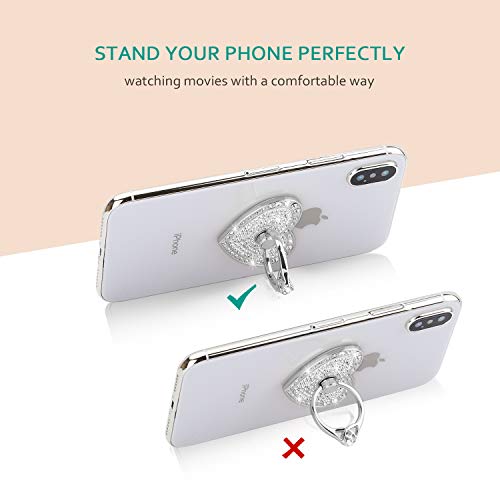 Cell Phone Finger Ring Stand with Sparkly Diamond, Nsiucion Heart Phone Ring Kickstand Holder [Washable] [Removable], 360°Rotation Zinc Alloy Ring Grip Stand for All Phones and Tablets (Silver)