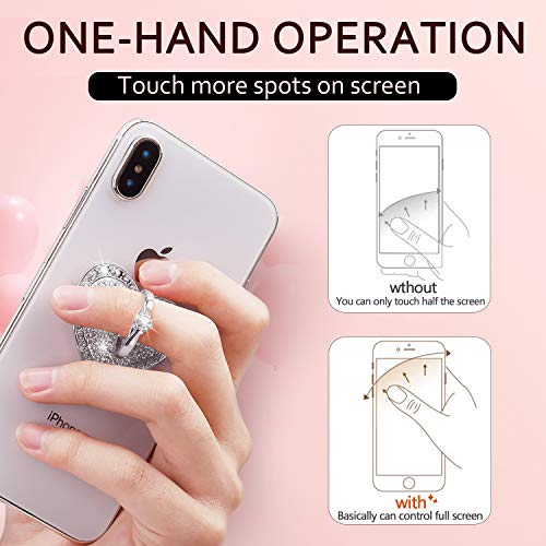 Cell Phone Finger Ring Stand with Sparkly Diamond, Nsiucion Heart Phone Ring Kickstand Holder [Washable] [Removable], 360°Rotation Zinc Alloy Ring Grip Stand for All Phones and Tablets (Silver)