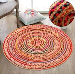 jute chindi round braided rug, hand woven reversible natural recycled cotton rug, boho farmhouse rustic accent throw rug, decorative multi color area rug for kitchen living room bedroom -4 feet round
