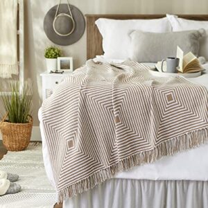 DII Square Woven Throw with Decorative Fringe 100% Cotton, Stylish and Functional, 50x60, Stone