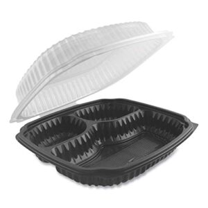anchor packaging culinary lites microwavable 3-compartment container, 20 oz/5 oz/ 5 oz, 9 x 9 x 3.13, clear/black, plastic, 100/carton
