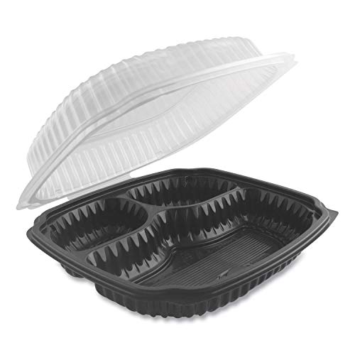 Anchor Packaging Culinary Lites Microwavable 3-Compartment Container, 20 oz/5 oz/ 5 oz, 9 x 9 x 3.13, Clear/Black, Plastic, 100/Carton