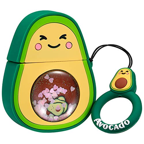 Joyleop Quicksand Avocado Case Compatible with Airpods 1/2,Cute 3D Cartoon Fun Funny Kids Girls Teens Cover,Kawaii Fruit Cool Bling Glitter Fashion Silicone Character Airpod Skin Cases for Air pods