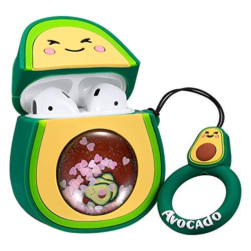Joyleop Quicksand Avocado Case Compatible with Airpods 1/2,Cute 3D Cartoon Fun Funny Kids Girls Teens Cover,Kawaii Fruit Cool Bling Glitter Fashion Silicone Character Airpod Skin Cases for Air pods