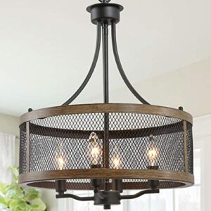 laluz farmhouse chandelier, dining room light fixture, drum chandeliers, 16” width, oil black & wood painted finish