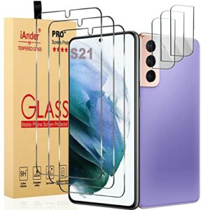 iander 3 pack glass screen protector for galaxy s21, 3 pack camera lens protector with easy installation tray, supports fingerprint sensor, hd retina clarity, case friendly