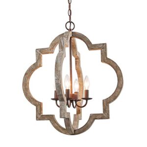 LOG BARN Large Farmhouse Chandelier Handmade Wood 4 Lights Fixtures Hanging for Dining, Bedrooms, Living Rooms and Hallway