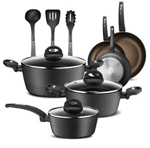 nutrichef 12-piece nonstick kitchen cookware set - professional hard anodized home kitchen ware pots and pan set, includes saucepan, frying pans, cooking pots, dutch oven pot, lids, utensil -