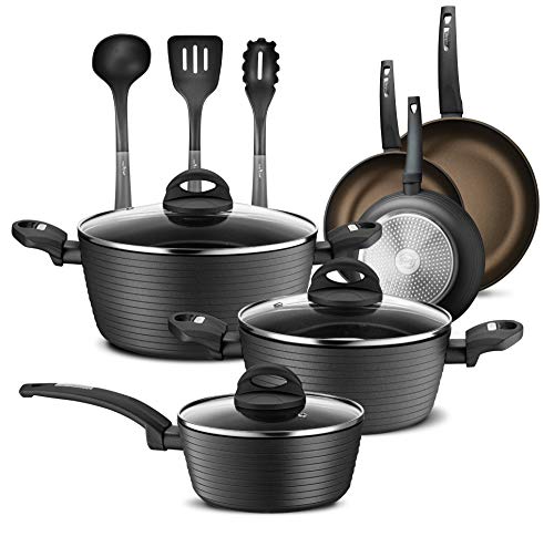 NutriChef 12-Piece Nonstick Kitchen Cookware Set - Professional Hard Anodized Home Kitchen Ware Pots and Pan Set, Includes Saucepan, Frying Pans, Cooking Pots, Dutch Oven Pot, Lids, Utensil -