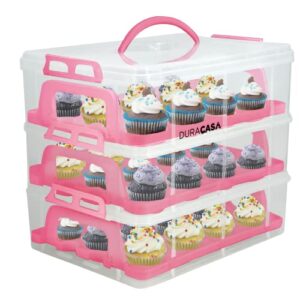 duracasa cupcake carrier, cupcake holder - premium upgraded model - store up to 36 cupcakes or 3 large cakes - stacking cupcake storage container - cookie, muffin or cake carrier (pink, three tier)