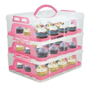 DuraCasa Cupcake Carrier, Cupcake Holder - Premium Upgraded Model - Store up to 36 Cupcakes or 3 Large Cakes - Stacking Cupcake Storage Container - Cookie, Muffin or Cake Carrier (Pink, Three Tier)