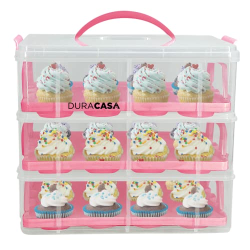 DuraCasa Cupcake Carrier, Cupcake Holder - Premium Upgraded Model - Store up to 36 Cupcakes or 3 Large Cakes - Stacking Cupcake Storage Container - Cookie, Muffin or Cake Carrier (Pink, Three Tier)