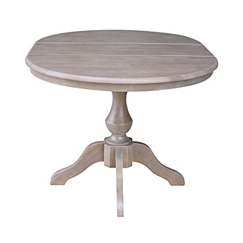 International Concepts 36" Round Top Pedestal Table with 12" Leaf-28.9" H-Dining Height, Washed Gray Taupe