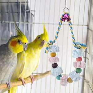 Bird Chew Toy, Colorful Mineral Stone Molar Toy with Bell Pet Birds Beak Grinding Swing for Macaw African Grey Amazon Cockatoo Budgie Parakeet Cockatiel Lovebird