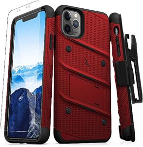 zizo bolt series iphone 11 pro case - heavy-duty military-grade drop protection w/kickstand included belt clip holster tempered glass lanyard - red