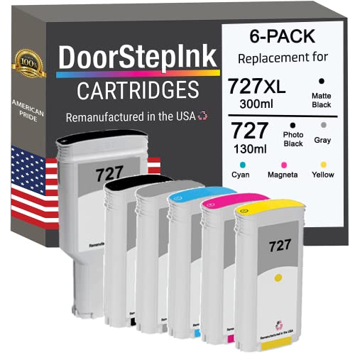 DoorStepInk Remanufactured in The USA Ink Cartridge Replacements for HP 727 300ml Matte Black, 130ml Photo Black CMYG 6PK for Printers DesignJet T1500 T2500 T920 T930