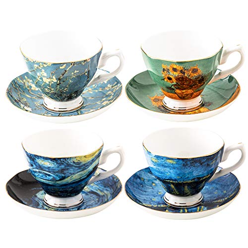 Van Gogh Tea Set, Set of 4 Glasses with Beautifully Painted Van Gogh Art, Fine Bone China Van Gogh Mugs - Set of 4-8oz. by Gute Kitchen