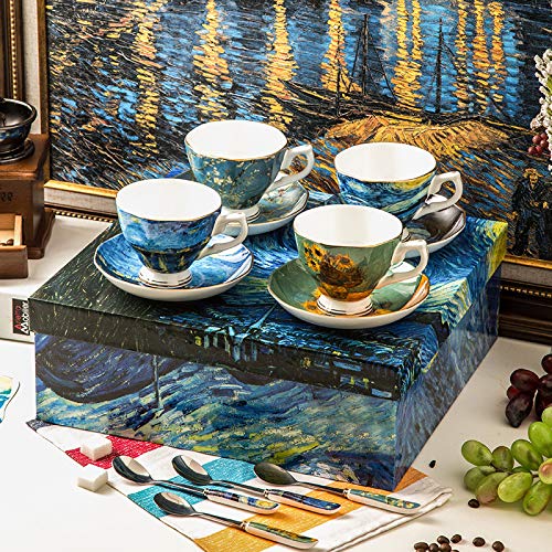 Van Gogh Tea Set, Set of 4 Glasses with Beautifully Painted Van Gogh Art, Fine Bone China Van Gogh Mugs - Set of 4-8oz. by Gute Kitchen