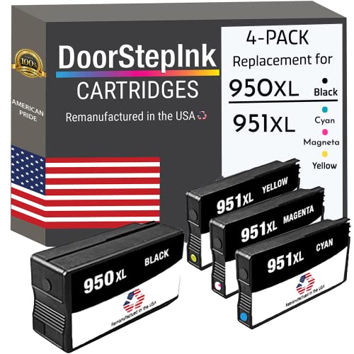 DoorStepInk Remanufactured Ink Cartridge Replacements for HP 950XL 951XL (Black Cyan Magenta Yellow) 950 XL 951 XL 4 PK for HP Officejet 8600, Officejet Pro 251DW 276DW 8100 Series 8600 8610 8620