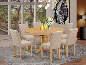 east west furniture avab7-oak-04 7pc oval 42/60" dinette table with 18 in butterfly leaf and 6 parson chair with oak leg and linen fabric light fawn, 7