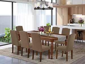 east west furniture doen9-mah-18 9-pieces modern dinette set-dark coffee linen fabric chairs-mahogany finish 4 legs hardwood butterfly leaf rectangular kitchen table and structure, 9