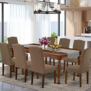 East West Furniture DOEN9-MAH-18 9-Pieces Modern Dinette Set-Dark Coffee Linen Fabric Chairs-Mahogany Finish 4 legs Hardwood Butterfly Leaf Rectangular Kitchen Table and Structure, 9