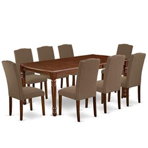 East West Furniture DOEN9-MAH-18 9-Pieces Modern Dinette Set-Dark Coffee Linen Fabric Chairs-Mahogany Finish 4 legs Hardwood Butterfly Leaf Rectangular Kitchen Table and Structure, 9