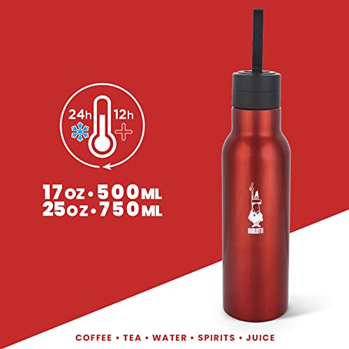 Bialetti - Stainless-steel Water Bottle 25oz: Double-Layered Vacuum Insulated, Keeps Drink Cold for 24 Hours and Hot for 12 Hours, Red