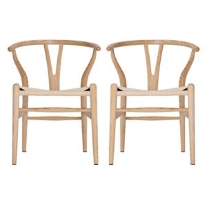 vodur wishbone chair natural solid wood dining chairs/hans vegner y chair rattan and wood accent armrest chair (ash wood + natural wood color)