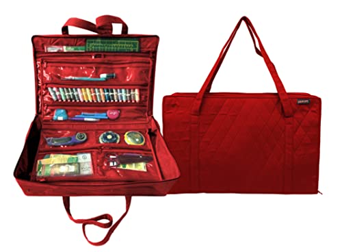 Yazzii Carry All Organizer Tote – Ultimate Craft Storage Bag with 20 pockets for Quilting Supplies, Sewing Notions, Embroidery & More - Red