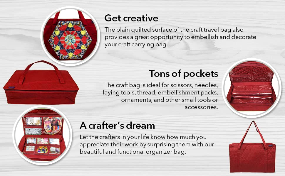 Yazzii Carry All Organizer Tote – Ultimate Craft Storage Bag with 20 pockets for Quilting Supplies, Sewing Notions, Embroidery & More - Red