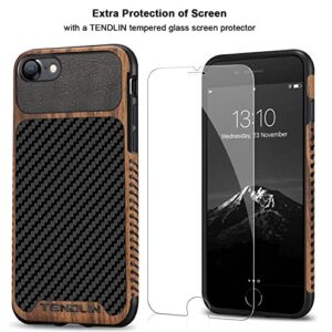 TENDLIN Compatible with iPhone SE 2022 Case (3rd Gen)/iPhone SE 2020 Case (2rd Gen)/iPhone 8 Case/iPhone 7 Case Wood Grain with Carbon Fiber Texture Design Leather Hybrid Slim Case Black