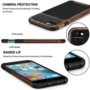 TENDLIN Compatible with iPhone SE 2022 Case (3rd Gen)/iPhone SE 2020 Case (2rd Gen)/iPhone 8 Case/iPhone 7 Case Wood Grain with Carbon Fiber Texture Design Leather Hybrid Slim Case Black