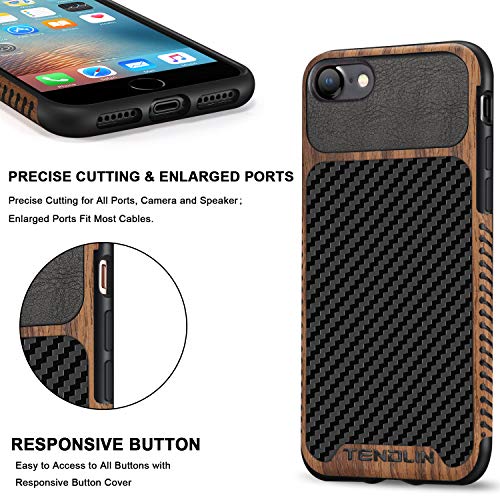 TENDLIN Compatible with iPhone SE 2022 Case (3rd Gen)/iPhone SE 2020 Case (2rd Gen)/iPhone 8 Case/iPhone 7 Case Wood Grain with Carbon Fiber Texture Design Leather Hybrid Slim Case Black