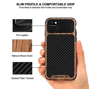 TENDLIN Compatible with iPhone SE 2022 Case (3rd Gen)/iPhone SE 2020 Case (2rd Gen)/iPhone 8 Case/iPhone 7 Case Wood Grain with Carbon Fiber Texture Design Leather Hybrid Slim Case Black