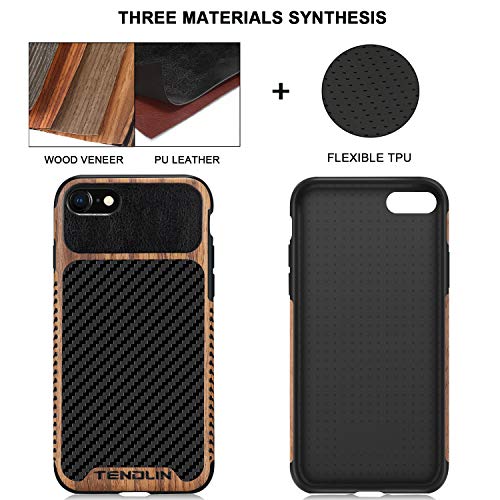 TENDLIN Compatible with iPhone SE 2022 Case (3rd Gen)/iPhone SE 2020 Case (2rd Gen)/iPhone 8 Case/iPhone 7 Case Wood Grain with Carbon Fiber Texture Design Leather Hybrid Slim Case Black