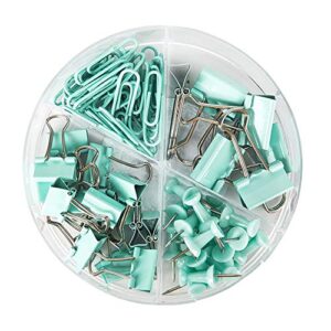 4-in-1 boxed binder clips and paper clips thumbtacks set assorted sizes small medium mini paper clamps bulk for office school supplies teachers classroom daily use (light green)