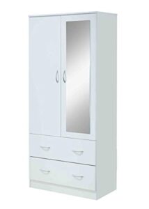 hodedah two door wardrobe with two drawers and hanging rod plus mirror, white