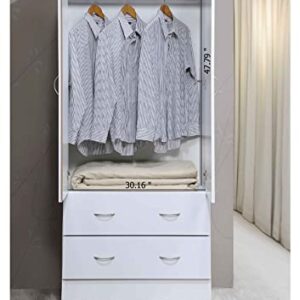 Hodedah Two Door Wardrobe with Two Drawers and Hanging Rod plus Mirror, White