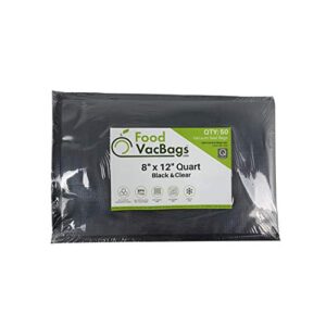 50 quart 8" x 12" foodvacbags black back clear front vacuum seal bag pouch, pre-cut, foodsaver compatible, perfect for display