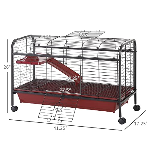 PawHut 41" L Small Animal Cage Rabbit Hutch Ferret Pet Play House with Feeder, Rolling Wheels, Platform, Ramp