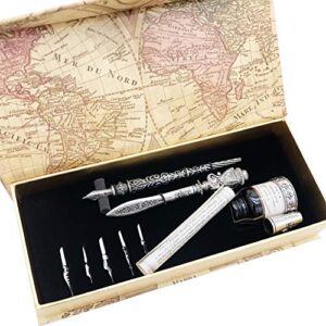 gc quill metal calligraphy dip pen and letter opener set with 6 nibs, 1 ink bottles and 1 pen holder - mu-06