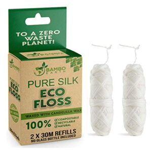 biodegradable mint dental tooth lace floss - 2x refillable flossers - 100% organic natural and compostable teeth silk spool - waxed with candelilla wax & eco-friendly zero waste packaging
